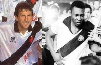 Zico e Pelé com a camisa do Vasco jogando pelo Gigante da Colina.